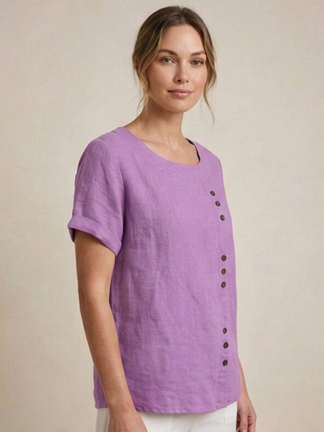 Effortless Blouse for Women Round-Neck Button-Front Short-Sleeve