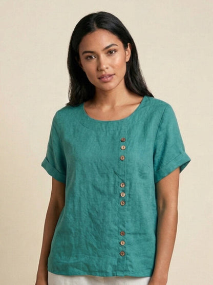 Effortless Blouse for Women Round-Neck Button-Front Short-Sleeve