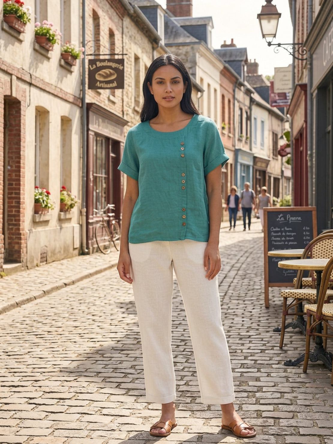 Effortless Blouse for Women Round-Neck Button-Front Short-Sleeve