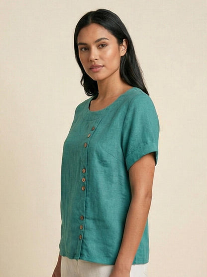 Effortless Blouse for Women Round-Neck Button-Front Short-Sleeve