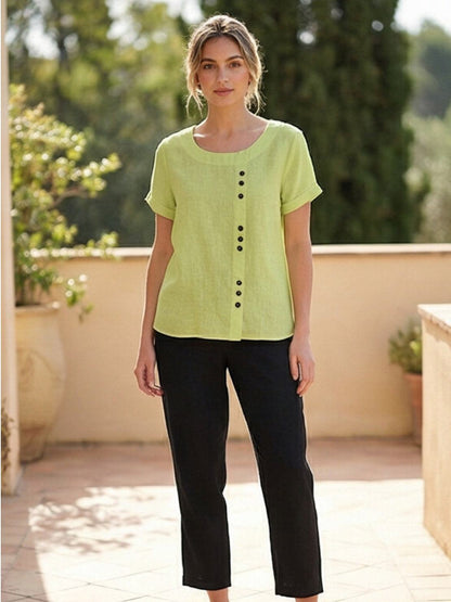 Effortless Blouse for Women Round-Neck Button-Front Short-Sleeve
