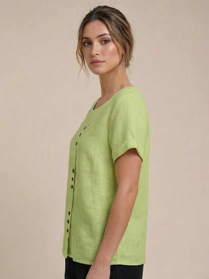 Effortless Blouse for Women Round-Neck Button-Front Short-Sleeve