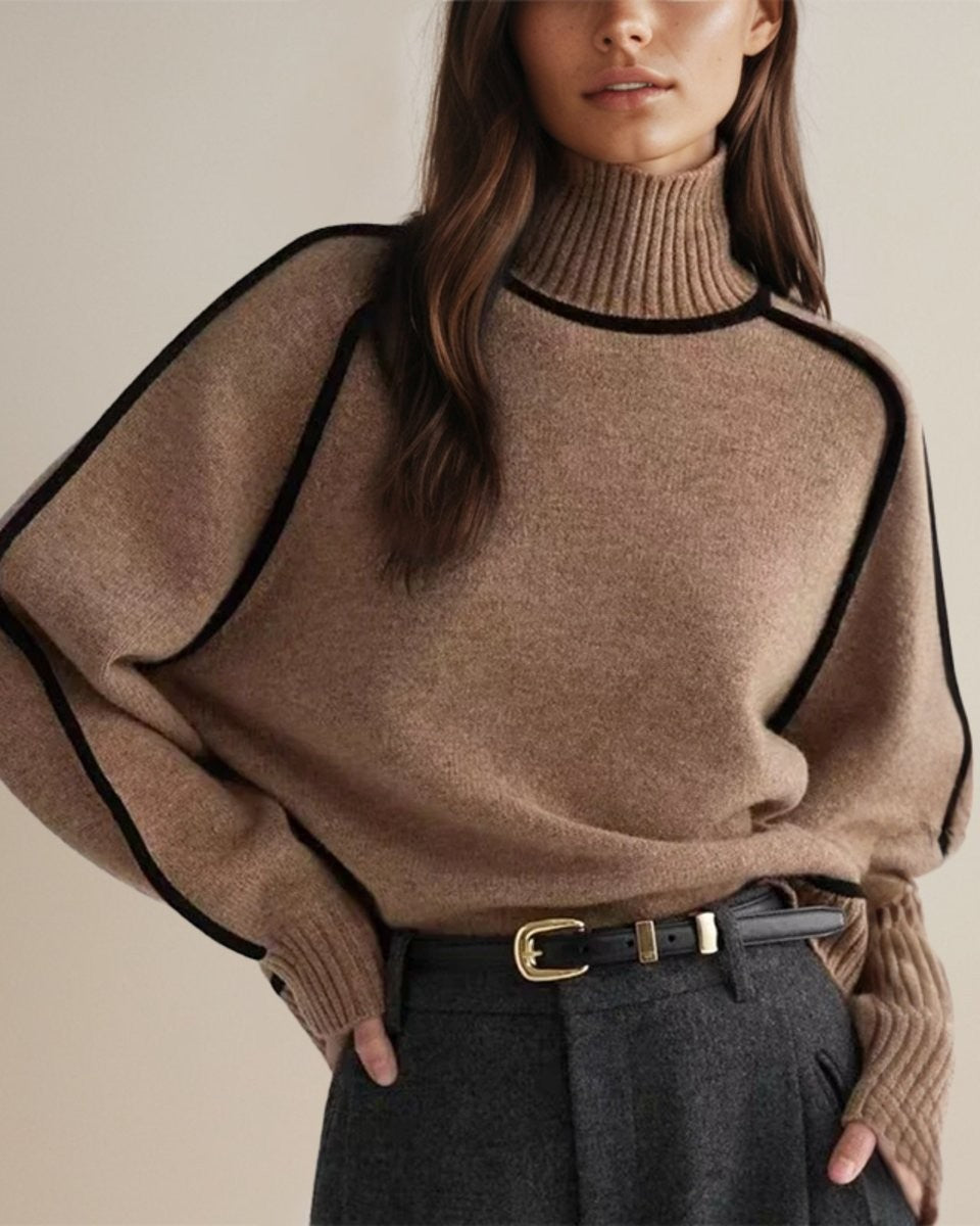 rollkragenpullover-damen-laternenaermel-kontrast