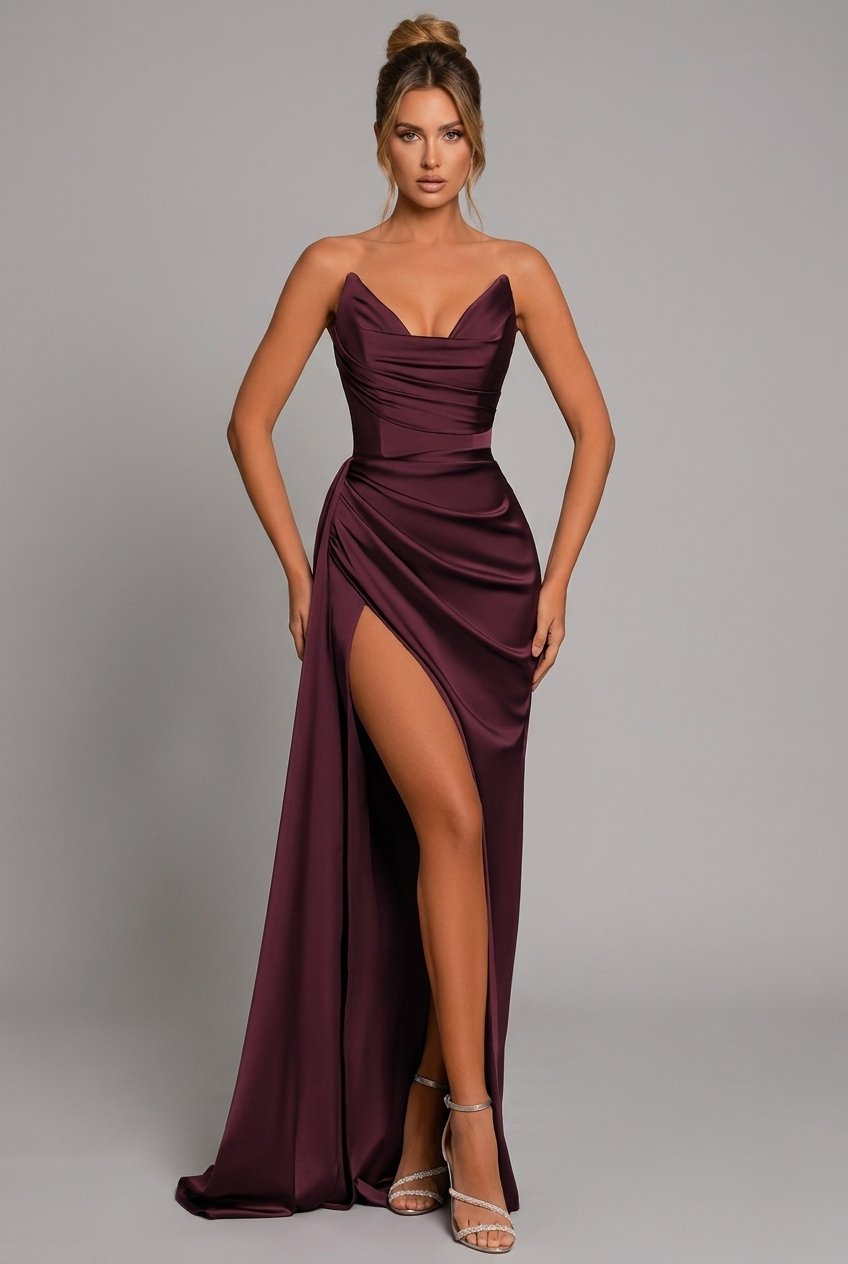 Elegant Satin Maxi Dress for Women Sweetheart Ruched Side-Slit
