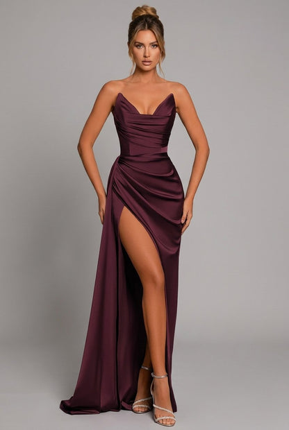 Elegant Satin Maxi Dress for Women Sweetheart Ruched Side-Slit
