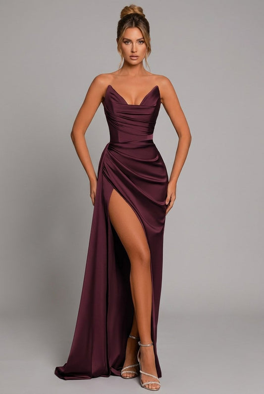 Elegant Satin Maxi Dress for Women Sweetheart Ruched Side-Slit