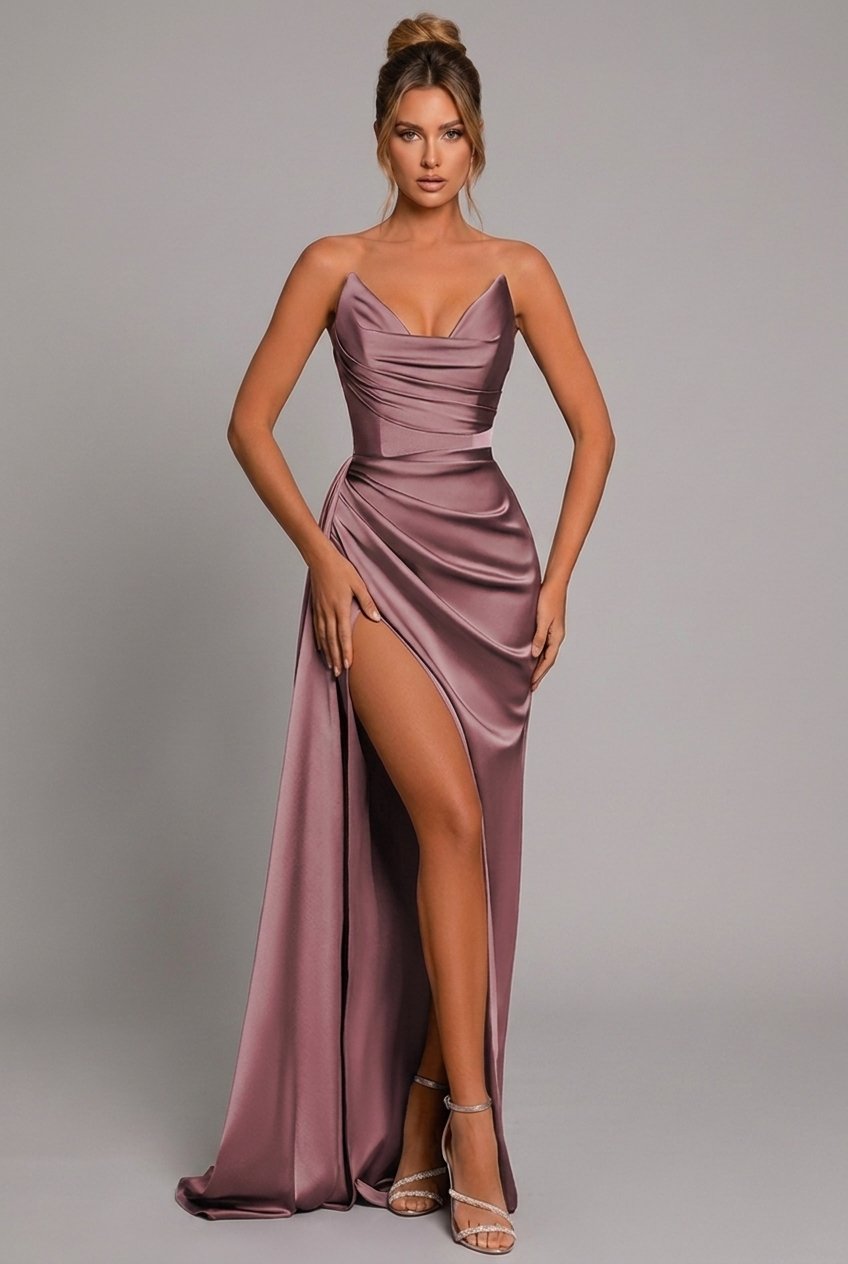 Elegant Satin Maxi Dress for Women Sweetheart Ruched Side-Slit
