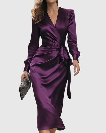 satin-wickelkleid-damen-midi-langarm
