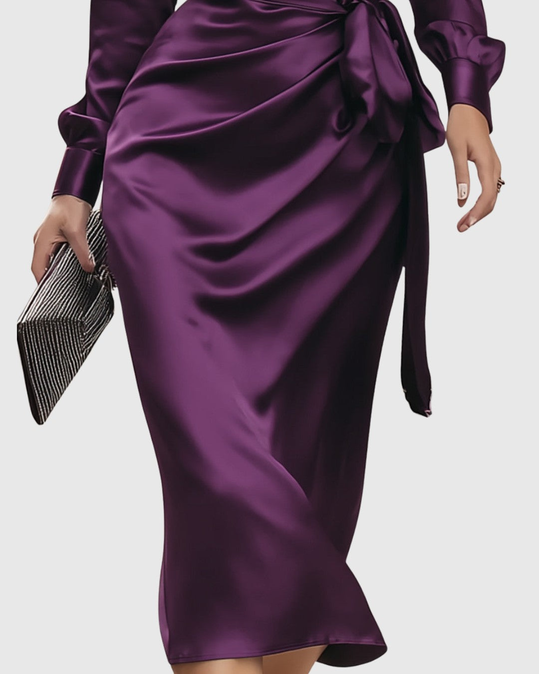 satin-wickelkleid-damen-midi-langarm