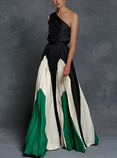 Elegant Maxi Dress for Women One-Shoulder Color-Block Pleated