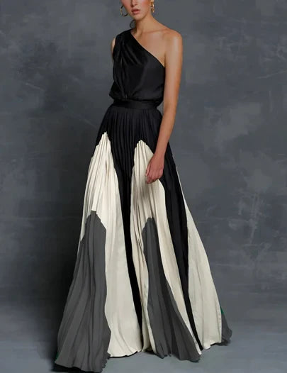 Elegant Maxi Dress for Women One-Shoulder Color-Block Pleated