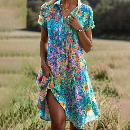 Effortless Printed Midi Dress for Women V-Neck Short-Sleeve