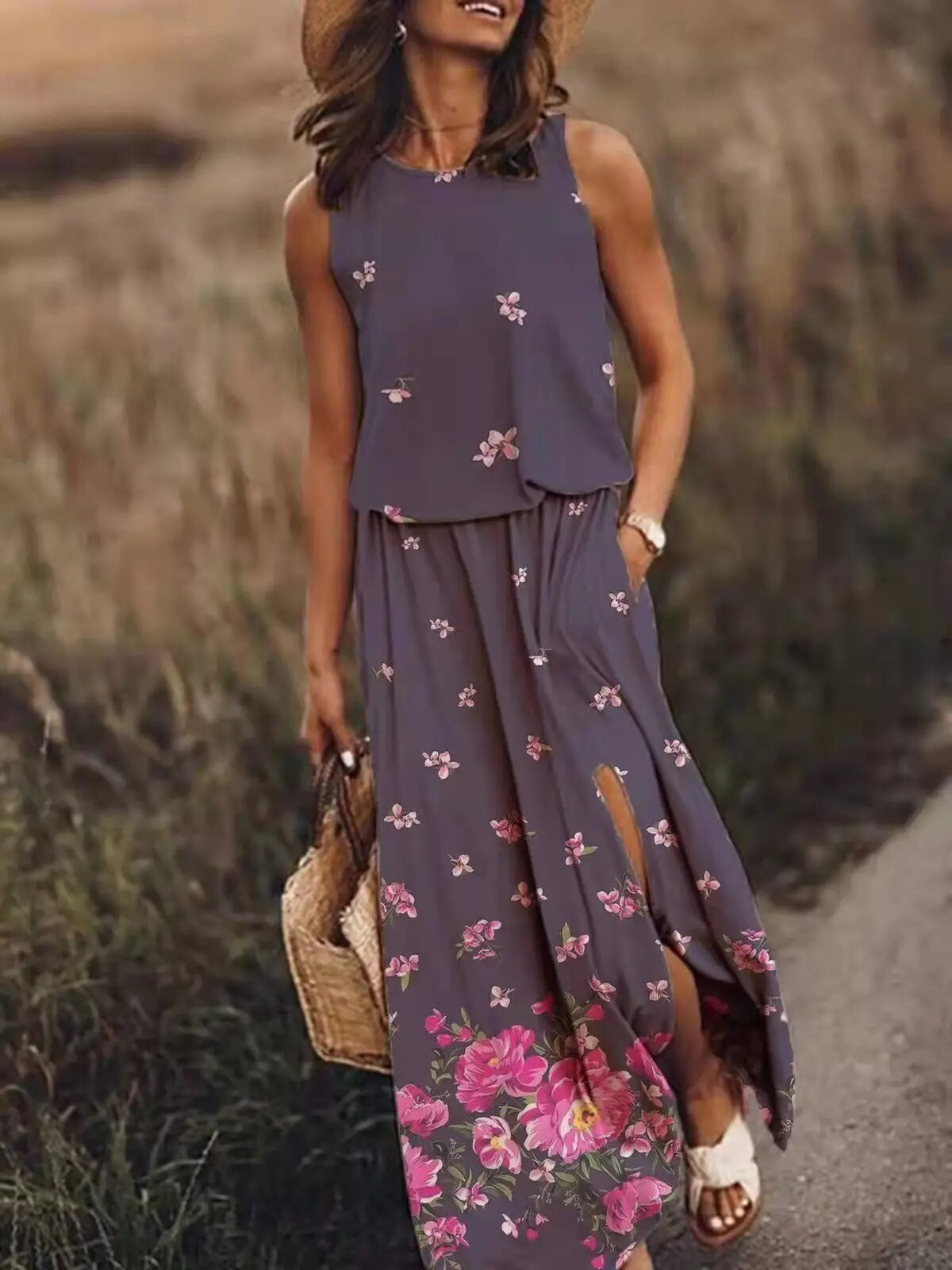 Effortless Maxi Dress for Women Sleeveless Floral-Print