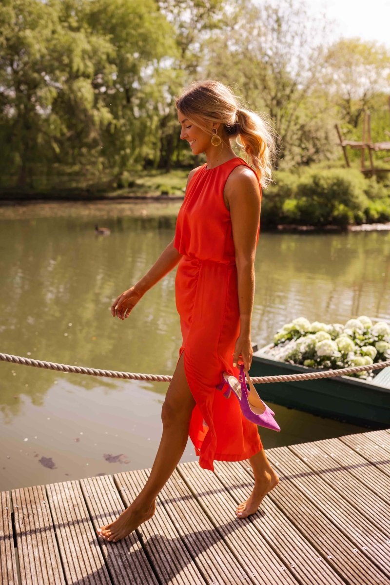 Elegant Midi Dress for Women Round-Neck Sleeveless Side-Slit