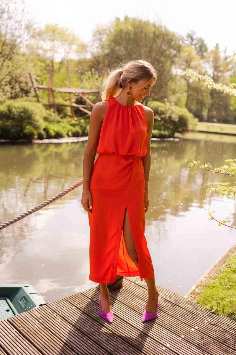 Elegant Midi Dress for Women Round-Neck Sleeveless Side-Slit