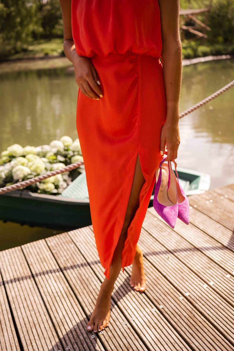 Elegant Midi Dress for Women Round-Neck Sleeveless Side-Slit