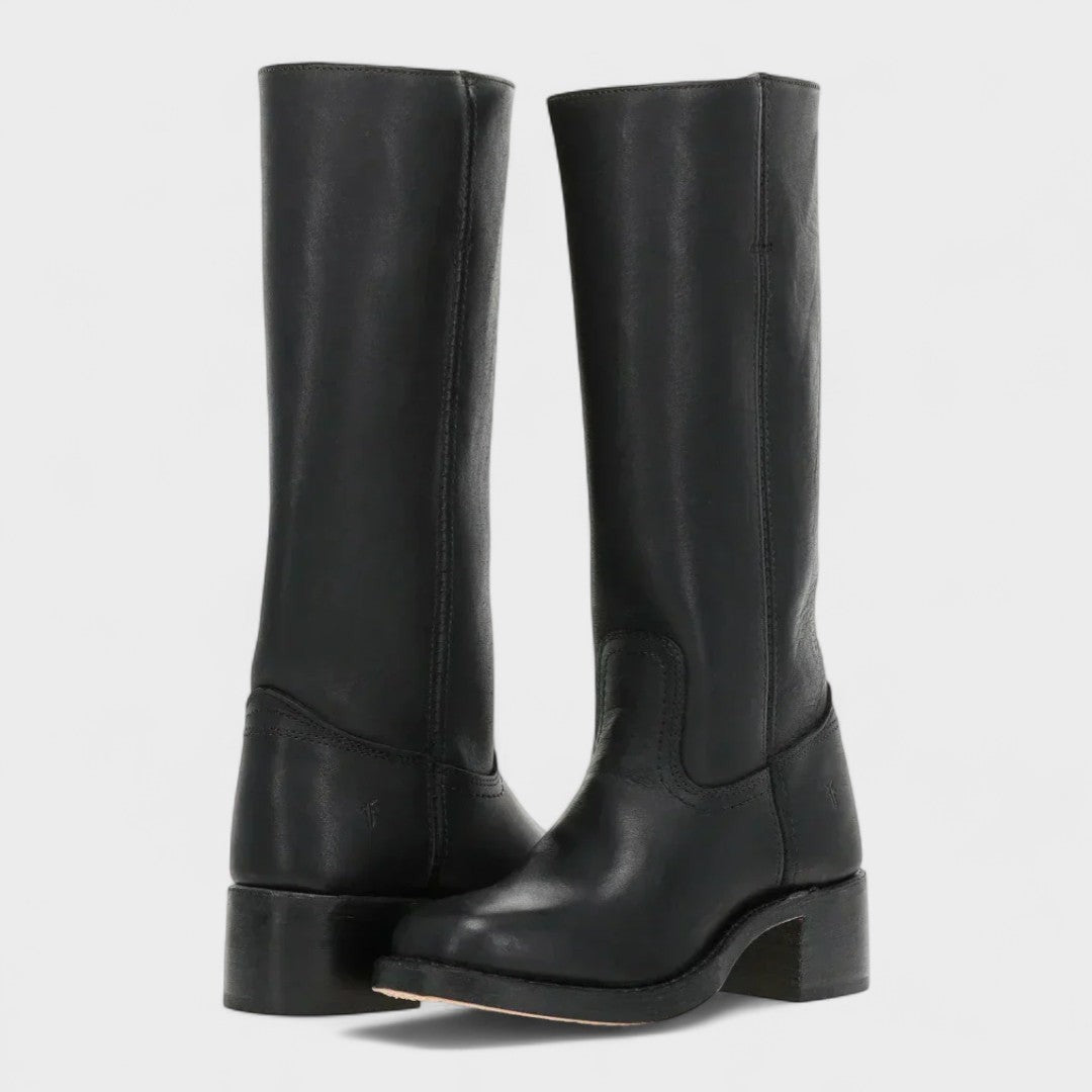 Kniehohe Stiefel Damen Leder Blockabsatz Schwarz