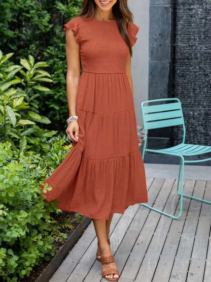 Effortless Tiered Maxi Dress for Women Cap-Sleeve Round-Neck