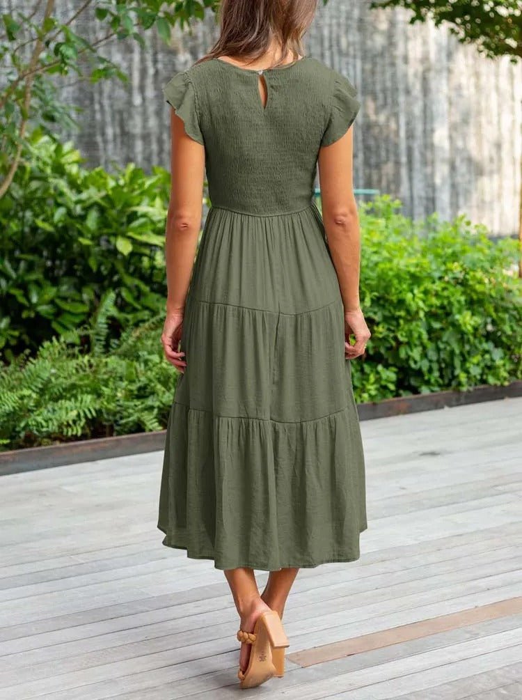 Effortless Tiered Maxi Dress for Women Cap-Sleeve Round-Neck
