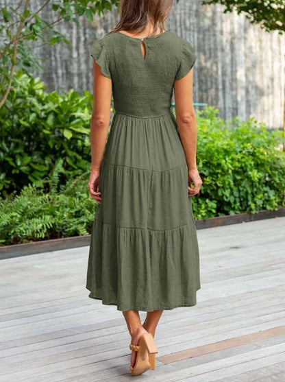 Effortless Tiered Maxi Dress for Women Cap-Sleeve Round-Neck