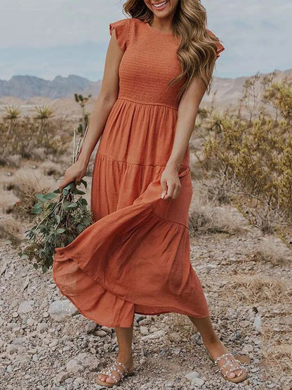 Effortless Tiered Maxi Dress for Women Cap-Sleeve Round-Neck
