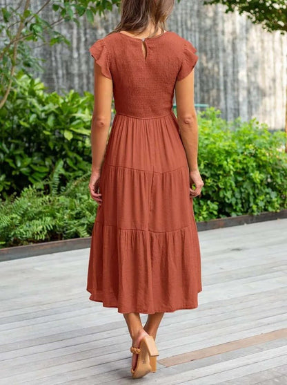 Effortless Tiered Maxi Dress for Women Cap-Sleeve Round-Neck