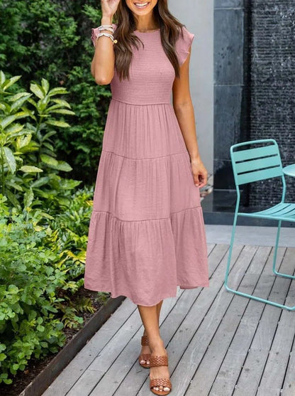 Effortless Tiered Maxi Dress for Women Cap-Sleeve Round-Neck