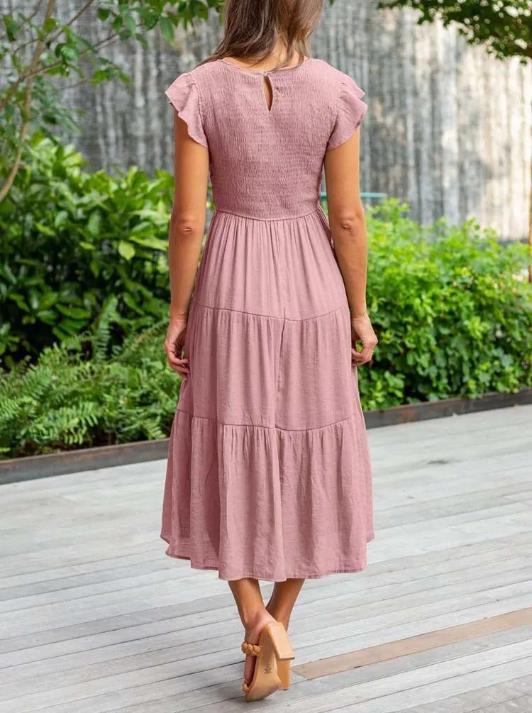 Effortless Tiered Maxi Dress for Women Cap-Sleeve Round-Neck
