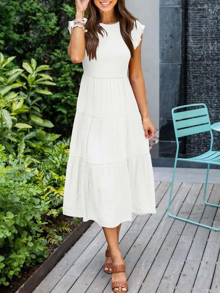 Effortless Tiered Maxi Dress for Women Cap-Sleeve Round-Neck