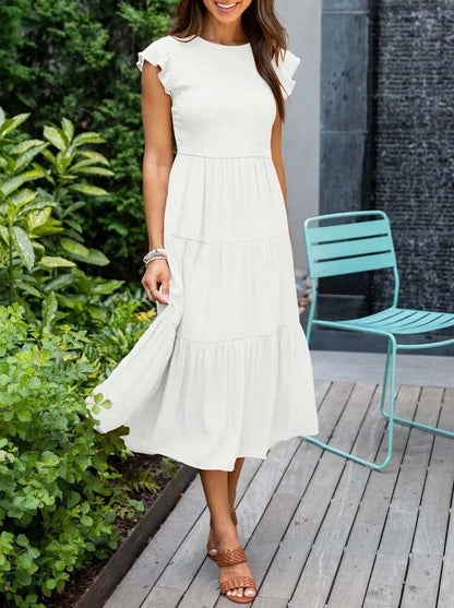 Effortless Tiered Maxi Dress for Women Cap-Sleeve Round-Neck