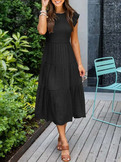 Effortless Tiered Maxi Dress for Women Cap-Sleeve Round-Neck