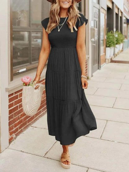 Effortless Tiered Maxi Dress for Women Cap-Sleeve Round-Neck