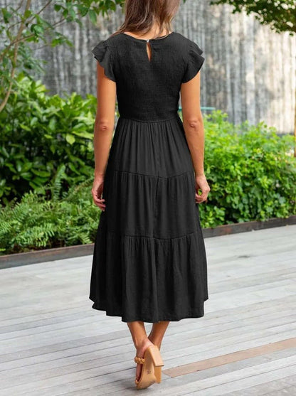 Effortless Tiered Maxi Dress for Women Cap-Sleeve Round-Neck