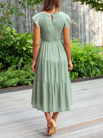 Effortless Tiered Maxi Dress for Women Cap-Sleeve Round-Neck
