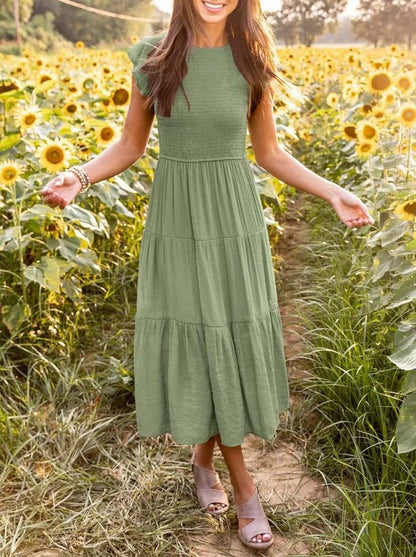 Effortless Tiered Maxi Dress for Women Cap-Sleeve Round-Neck