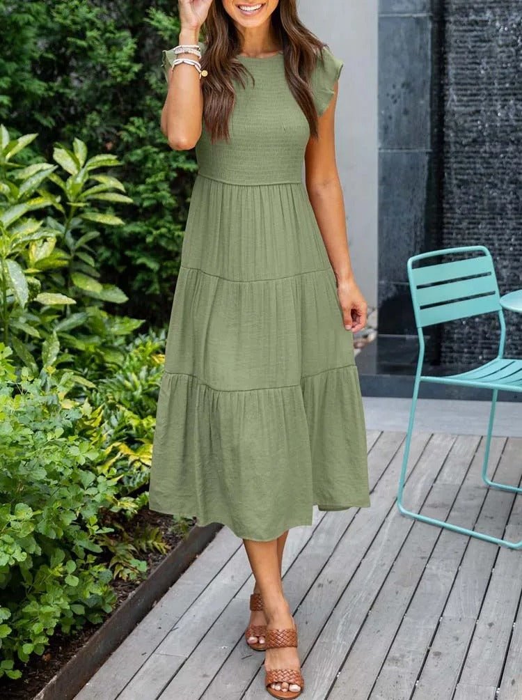 Effortless Tiered Maxi Dress for Women Cap-Sleeve Round-Neck