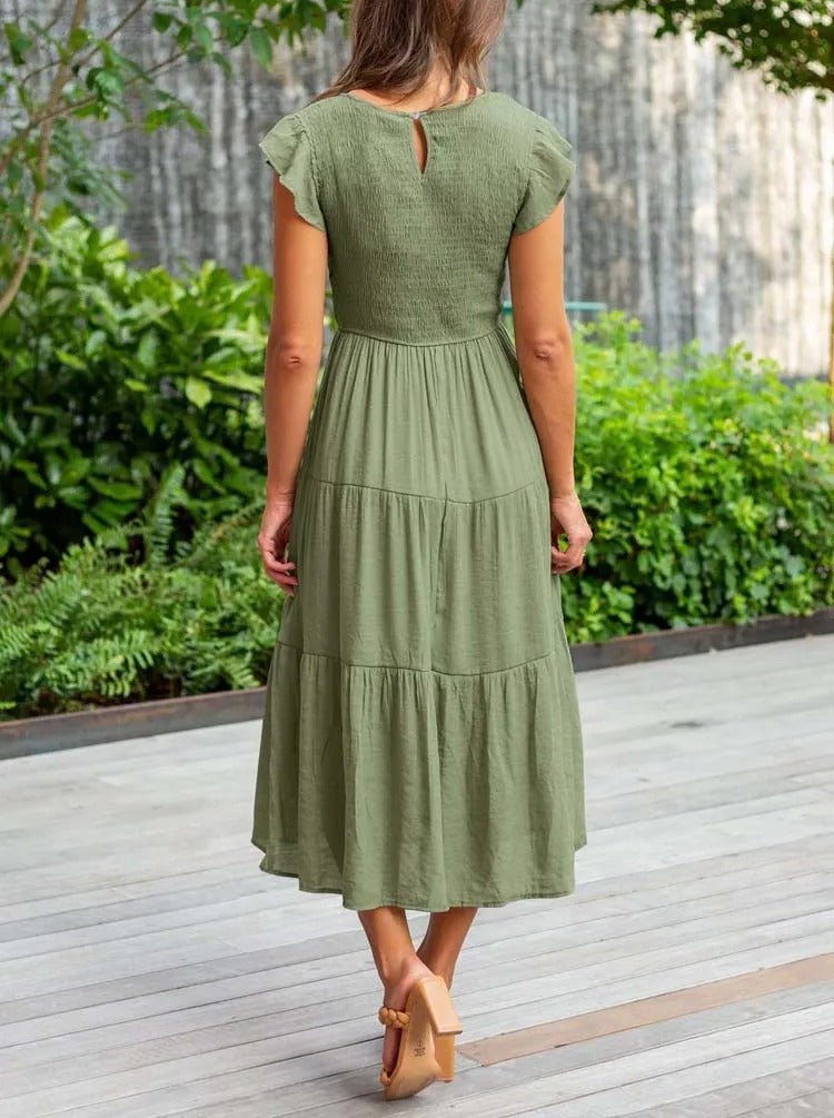 Effortless Tiered Maxi Dress for Women Cap-Sleeve Round-Neck