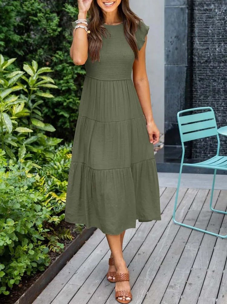 Effortless Tiered Maxi Dress for Women Cap-Sleeve Round-Neck