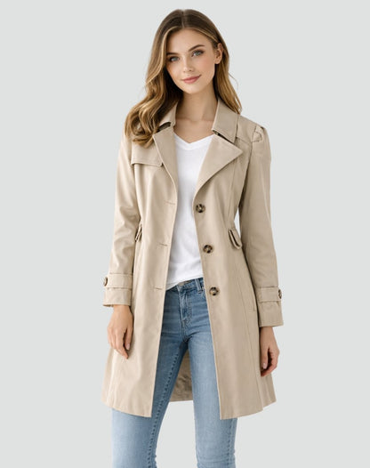 trenchcoat-damen-tailliert-zweireiher-mittellang
