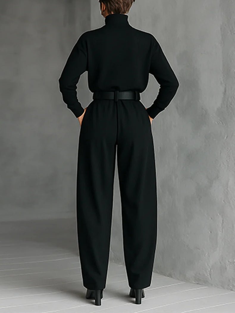 Elegant Turtleneck Jumpsuit for Women Long-Sleeve High-Waist Belted
