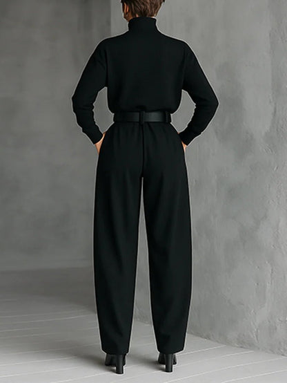 Elegant Turtleneck Jumpsuit for Women Long-Sleeve High-Waist Belted