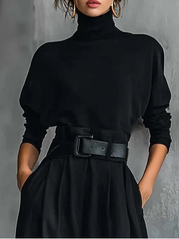 Elegant Turtleneck Jumpsuit for Women Long-Sleeve High-Waist Belted
