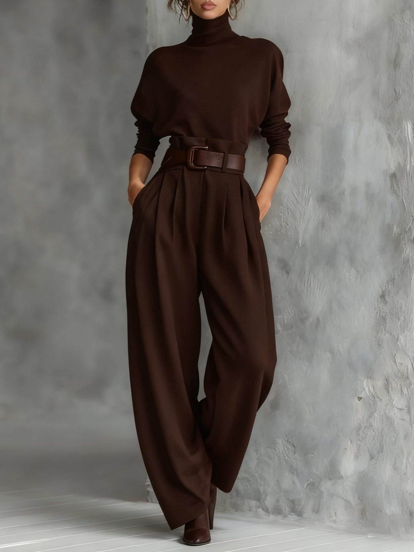 Elegant Turtleneck Jumpsuit for Women Long-Sleeve High-Waist Belted