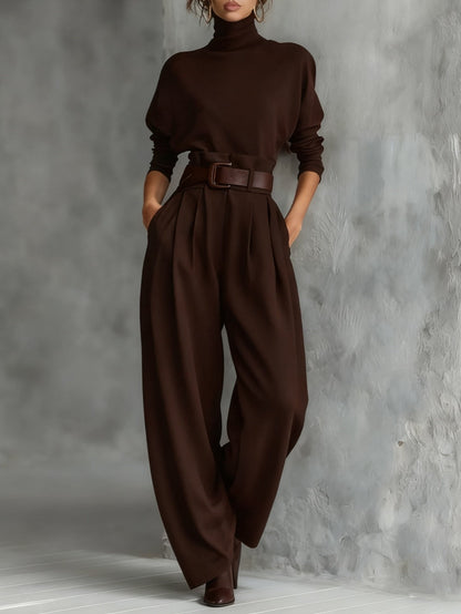 Elegant Turtleneck Jumpsuit for Women Long-Sleeve High-Waist Belted