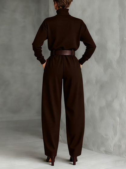Elegant Turtleneck Jumpsuit for Women Long-Sleeve High-Waist Belted