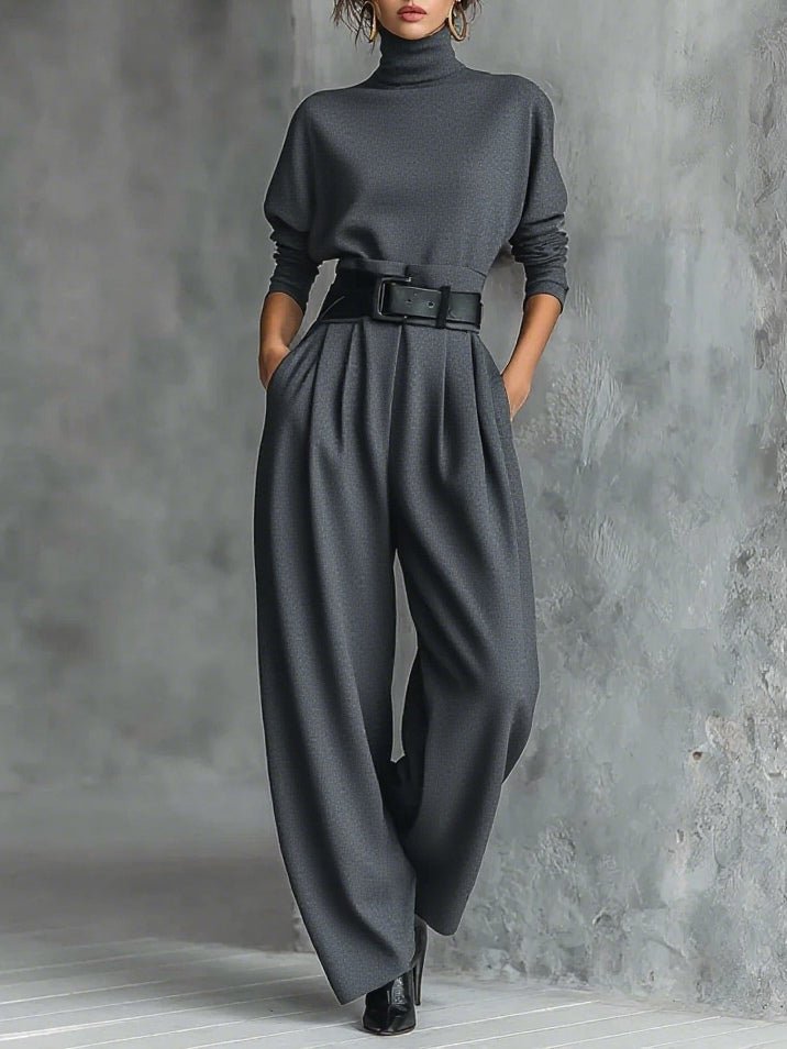 Elegant Turtleneck Jumpsuit for Women Long-Sleeve High-Waist Belted
