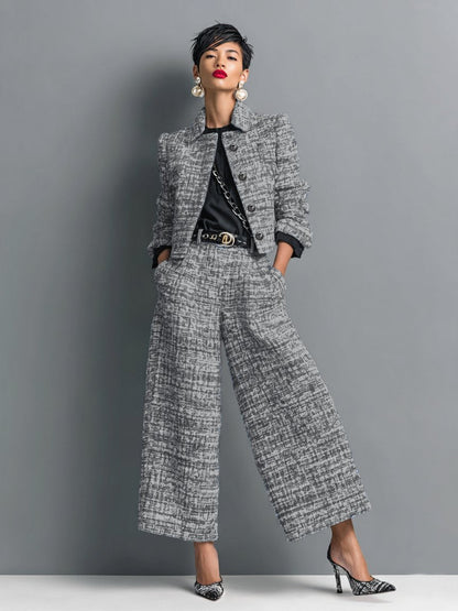 Elegant Tweed Two-Piece Set for Women Cropped-Jacket Wide-Leg
