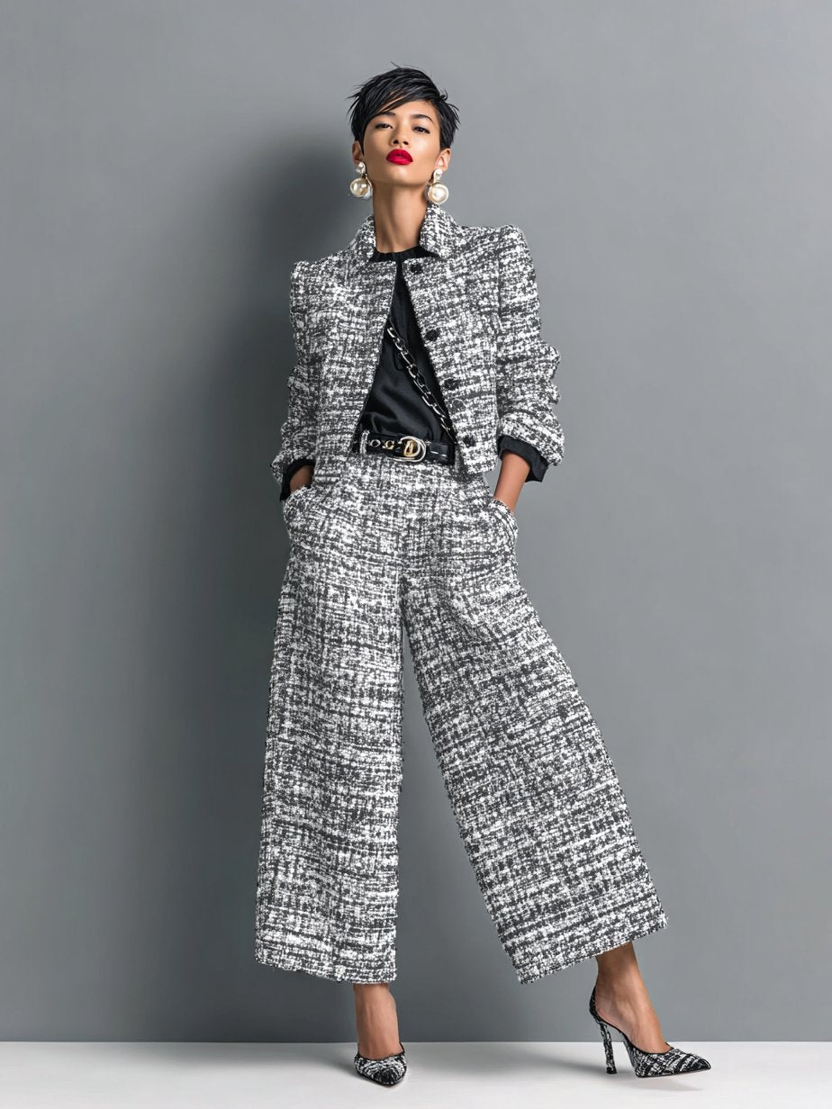 Elegant Tweed Two-Piece Set for Women Cropped-Jacket Wide-Leg
