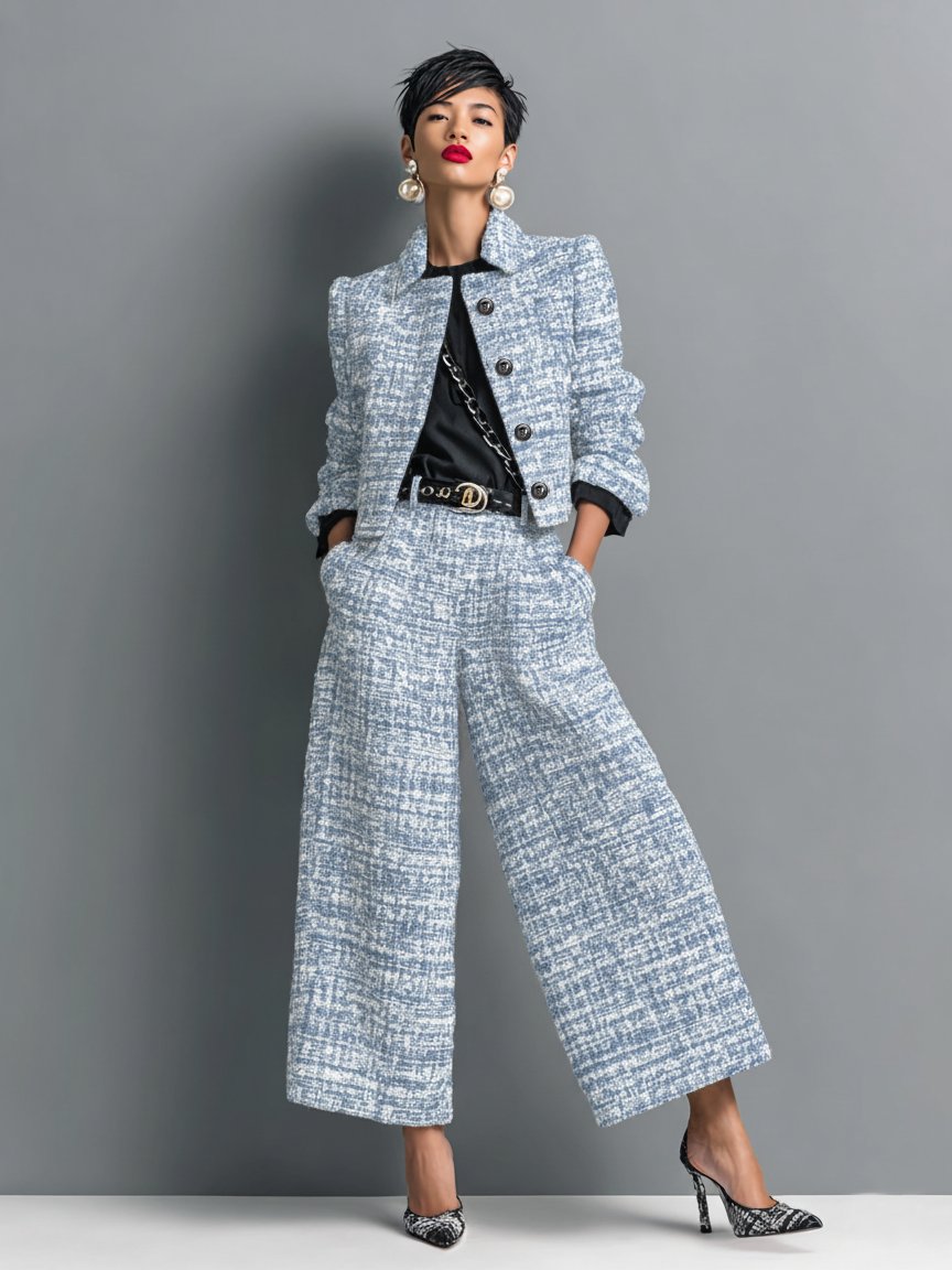 Elegant Tweed Two-Piece Set for Women Cropped-Jacket Wide-Leg