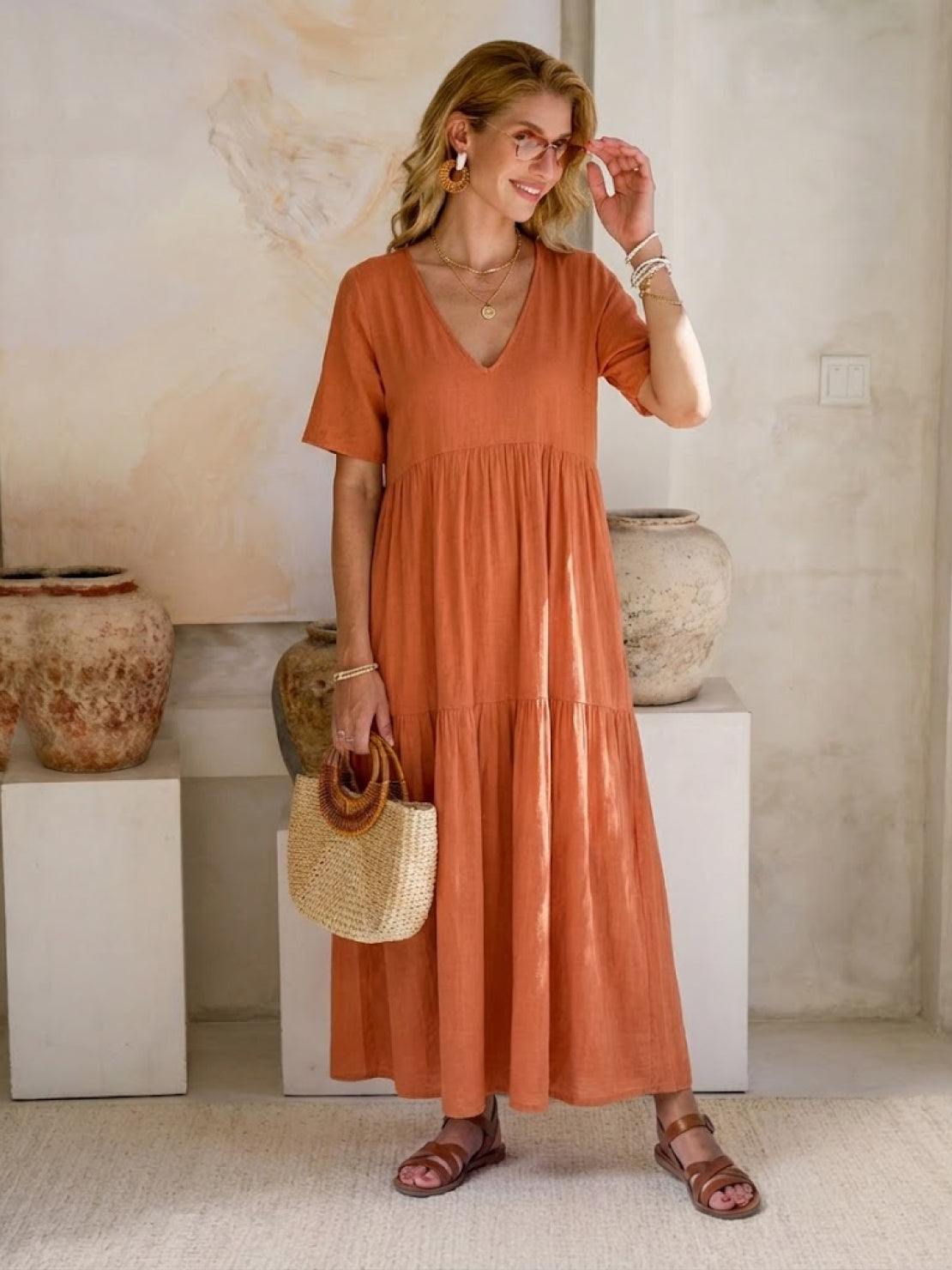 Effortless Tiered Maxi Dress for Women V-Neck Short-Sleeve